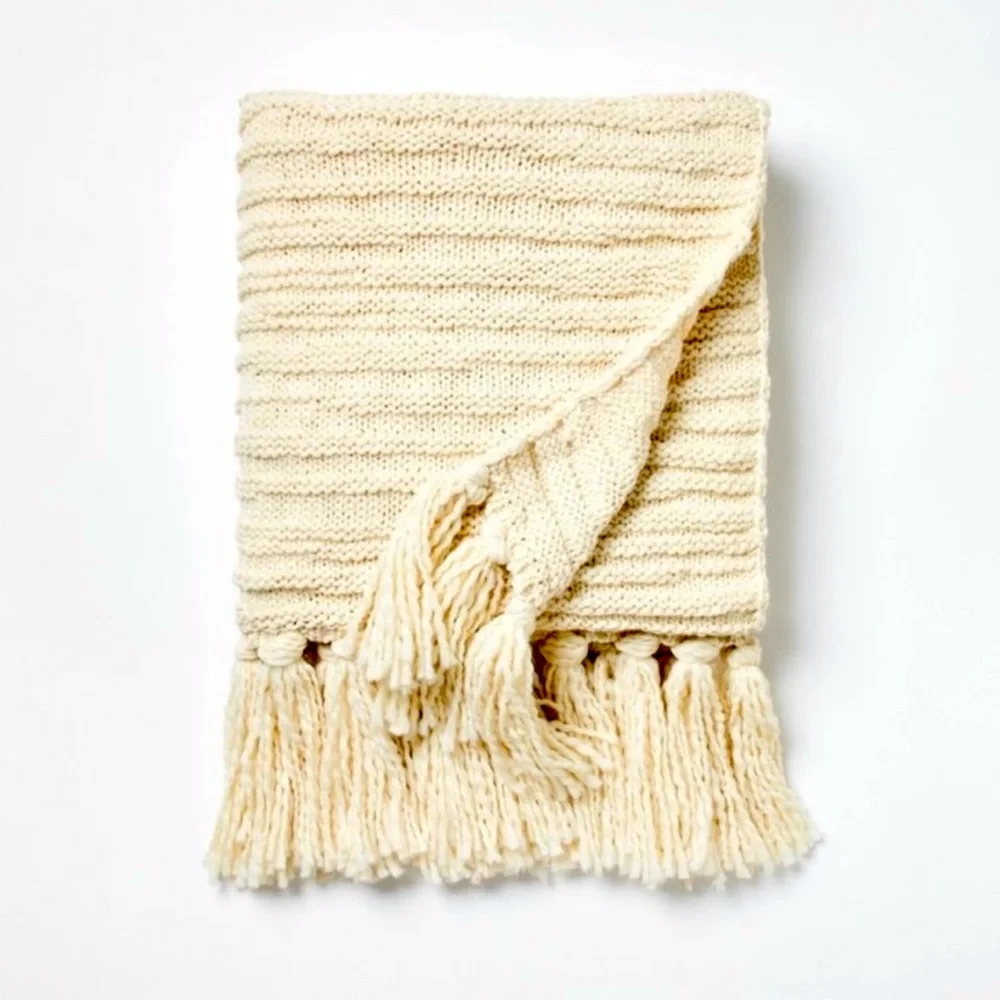 Chunky Cream Colored Raised Stripe Knitted Throw with Tassels
